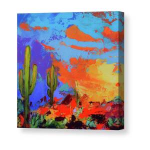 Saguaros Land Sunset by Elise Palmigiani - Square version Canvas Print / Canvas Art by Elise Palmigiani