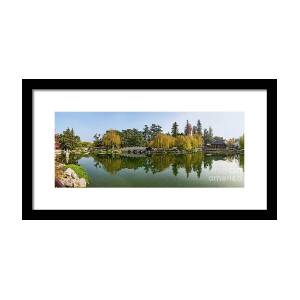 Red - Chinese Garden with Pagoda and lake. Framed Print by Jamie Pham