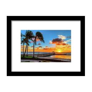 Three Palms Golden Sunset in Hawaii Framed Print by Aloha Art