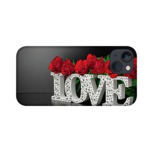 big white letters LOVE red roses on black background iPhone Case