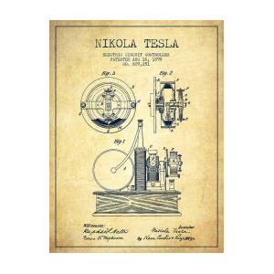 Nikola Tesla Patent Drawing From 1886 - Vintage Poster by Aged Pixel
