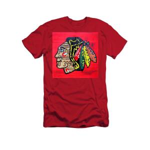 Chicago Blackhawks Hockey Team Vintage Logo Made from old recycled Illinois  License Plates Red T-Shirt