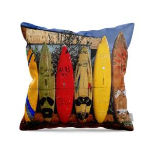 Surf Board Fence Maui Hawaii Black and White Throw Pillow for Sale by ...