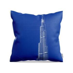 Blueprint drawing of Burj Khalifa Emirates Dubai 2s Throw Pillow for ...