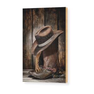 Cowboy Hat and Boots Wood Print by Olivier Le Queinec