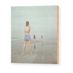 Topless Model Walking on a Beach Wood Print by Mike Reinhardt