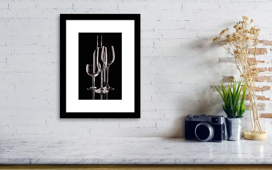 Wine Bottle and Wineglasses Silhouette Framed Print by Tom Mc Nemar