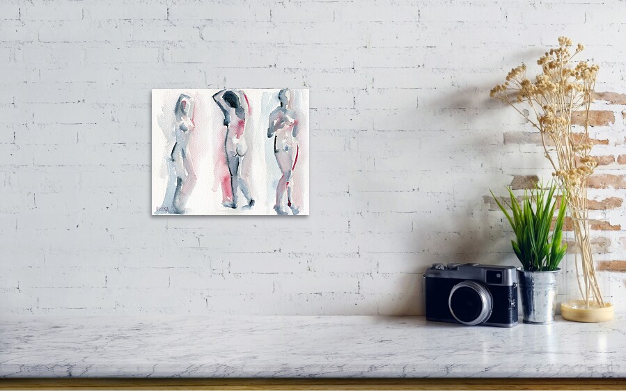 Three Women Pink And Blue Watercolor Nude Figure Painting Poster By